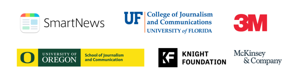 Company logos for 3M, the University of Oregon School of Journalism and Communication, the University of Florida College of Journalism and Communications, McKinsey Publishing and SmartNews.