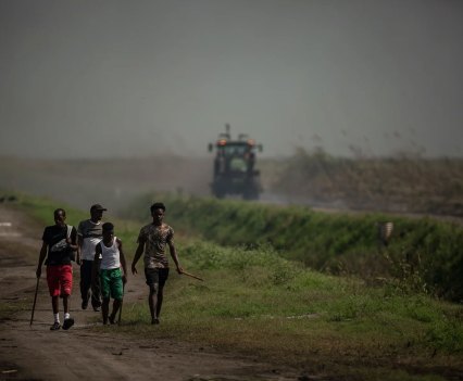 Young men walk near a burning cane field, looking for rabbits to chase down. For some families in the Glades, selling rabbit meat is their only source of income.