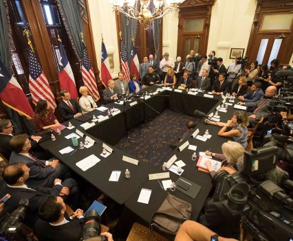 Texas Gov. Greg Abbott at the second of three panels studying school safety and student mental health issues at the Texas Capitol in the wake of the 2018 Santa Fe High School shooting that left eight students and two teachers dead.