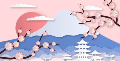 Paper sakura. Panorama landscape with japanese trees, garden flowers and hills. Paper cut style origami asia travel vector background