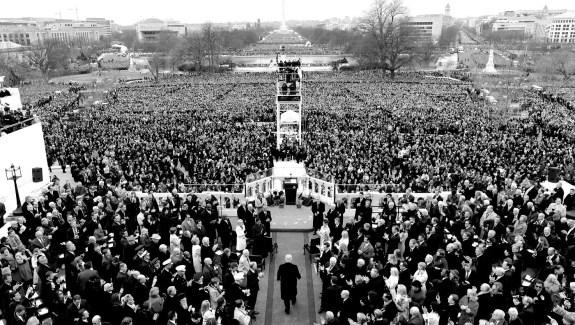 President Trump walking to the podium at his inauguration