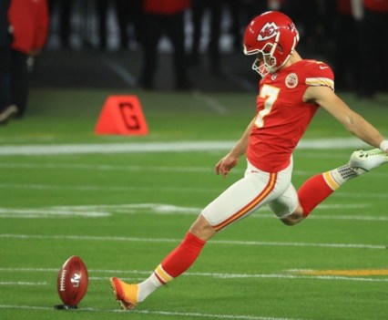 Harrison Butker #7 of the Kansas City Chiefs kicks off during the first quarter against the Tampa Bay Buccaneers in Super Bowl LV at Raymond James Stadium on February 7, 2021 in Tampa, Fla.