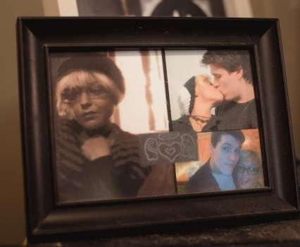 A framed collage of photos of Joshua and Jessica