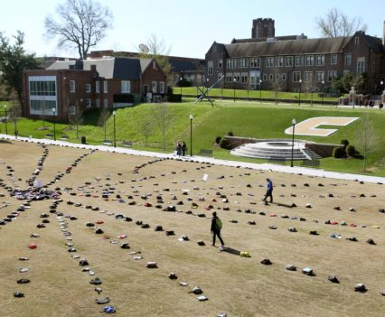 Over 1,000 backpack are scattered across the lawn for an Active Minds demonstration at the University of Tennessee at Chattanooga on Thursday, March 22, 2018, in Chattanooga, Tenn. Some backpacks included belongings of suicide victims and some contained letters with information about those college students. The display was part of the Active Minds Send Silence Packing tour.