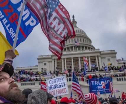 A mass of people holding Trump flags and sign on the steps of the US Capitol