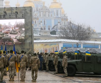 Ukrainian service members at a rehearsal to hand over tanks, armoured personnel carriers and military vehicles to the Ukrainian Armed Forces in Kyiv, Ukraine, Dec. 6, 2021