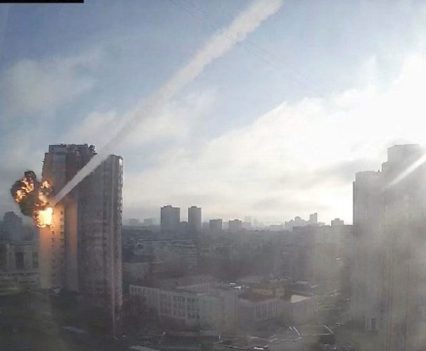 Surveillance footage shows a missile hitting a residential building in Kyiv, Ukraine, February 26, 2022, in this still image taken from a video obtained by REUTERS