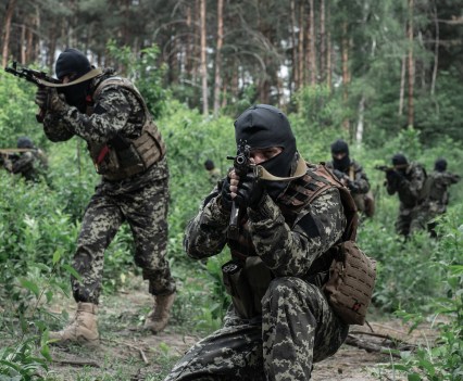 Bucha civil defence unit perform tactical training in the forest Bucha, Ukraine, on June 17, 2022. Most of the people in the unit are volunteers without the real combat experience before the Russian invasion.