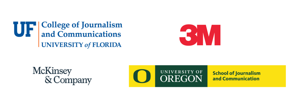 A series of logos for 3M, the University of Oregon School of Journalism and Communication, the University of Florida College of Journalism and Communications, and McKinsey Publishing.