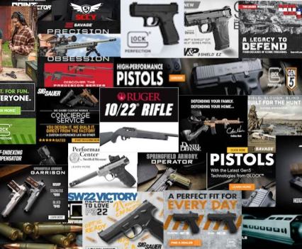 A collage of gun images mixed with headlines and news articles