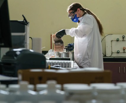 A laboratory analyst processes salmon filets for testing at a lab in Washington.