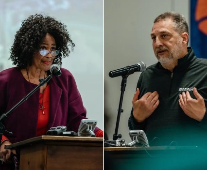 Carlotta Blake-King, a school board member, and Kenny Edwards, the Indiana legislative director for the International Association of Sheet Metal, Air, Rail and Transportation Workers, both spoke about the dangers of blocked crossings at the meeting in Hammond, Indiana, on Wednesday.