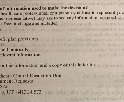 Excerpt of a denial letter from UnitedHealthcare provided by a patient. The insurance company asks its members to mail in the request for a claim file.