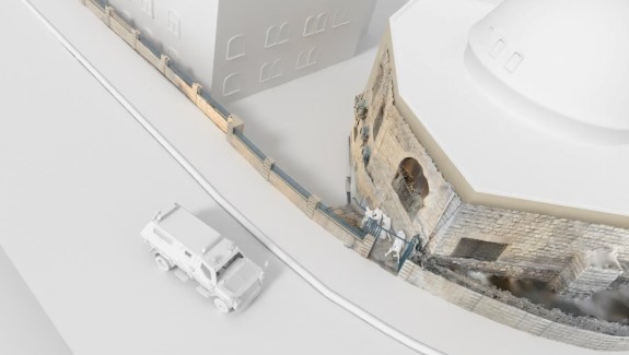 A 3D virtual rendering of Nablus on Feb. 22, as an Israeli armored vehicle with grates on its windows slows in front of a short wall and continues to shoot.