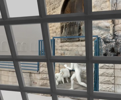 A 3D virtual rendering shows the positioning of civilians in Nablus on Feb. 22, as an Israeli armored vehicle with grates on its windows slows in front of a short wall and continues to shoot. (Imogen Piper/The Washington Post)