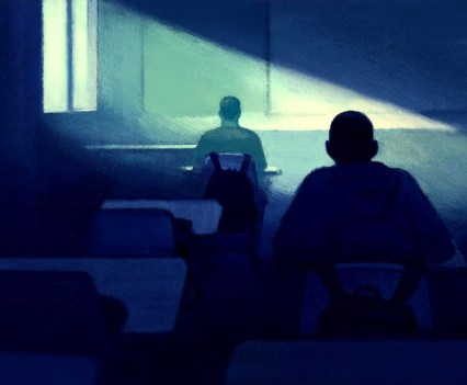Illustration of two people sitting at desks in a dark classroom