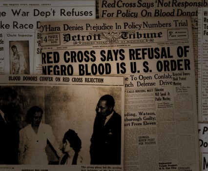 Collage of old newspapers with headlines about the difference in blood from people of different racial backgrounds