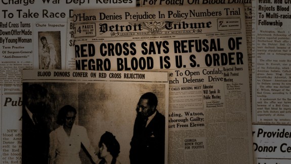 Collage of old newspapers with headlines about the difference in blood from people of different racial backgrounds