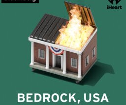 Podcast Image showing an official looking house facade on a dumpster that is burning