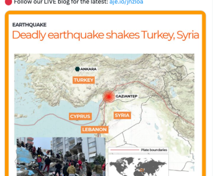 Twitter post showing a map of the areas affected by earthquakes in Turkey