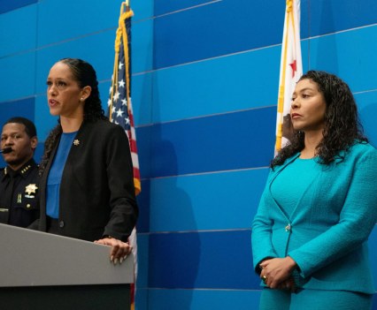 San Francisco District Attorney Brooke Jenkins (center) addresses the media alongside Chief of Police Bill Scott (left) and Mayor London Breed on Oct. 5, 2022. | Don Feria for The Standard