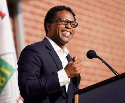St. Louis County Prosecutor Wesley Bell gives remarks during the mayoral inauguration ceremony for Ella James at the Urban League Empowerment Center in Ferguson, Mo., on June 17, 2020.