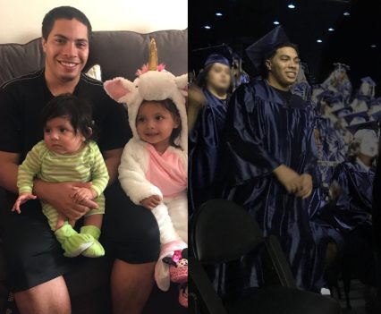 Jacob Harris with his children (left). Harris at his high school graduation (right).