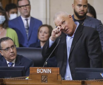 An emotional L.A. City Councilmember Mike Bonin addresses the public at Tuesday’s council meeting. (Irfan Khan / Los Angeles Times)