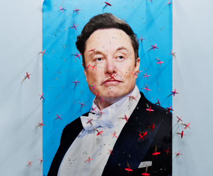 Elan Musk on a blue background covered in darts