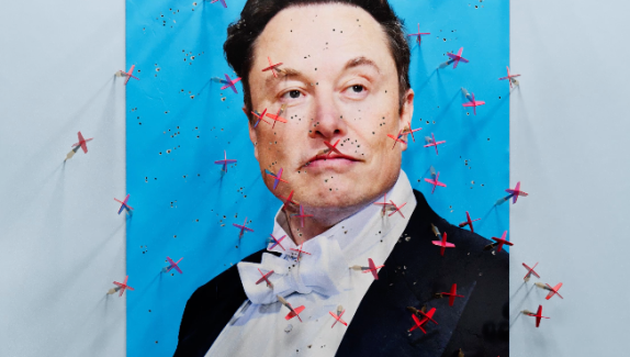 Elan Musk on a blue background covered in darts