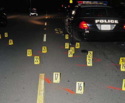 Evidence placards mark bullet casings and fragments following the fatal shooting of Sherman Peacock on Feb. 11, 2011. Vallejo later destroyed firearm evidence in the case.