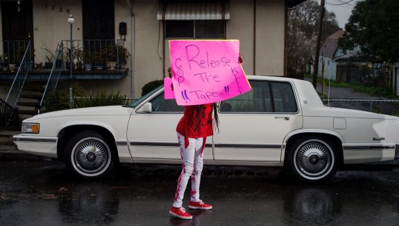 Family members of Angel Ramos protest in the streets of Vallejo following his killing by police on January 23, 2017. In 2019, Vallejo claimed it did not possess audiovisual records of the shooting, but later disclosed body camera footage.