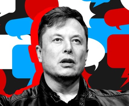 Elan Musk in front of a background made of red, white, and blue speech bubbles