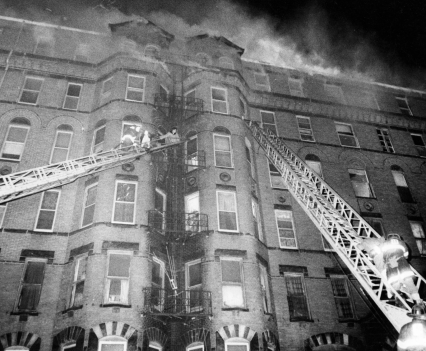 Fires, including this four-alarm blaze on Dudley Street in December 1971, devastated the corridor stretching from Uphams Corner west to Dudley Square, now known as Nubian Square. George Rizer/Globe Staff