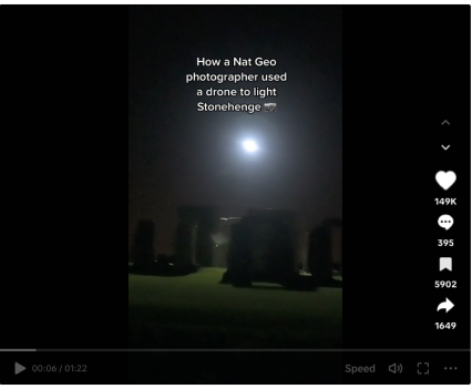 Screenshot from the TikTok video showing a drone flying over Stonehenge