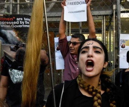 People participate in a protest in New York City against the government of Iran and the death of Mahsa Amini, New York, US September 27, 2022