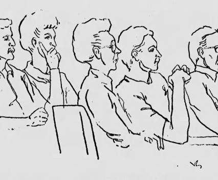 An illustration shows the all-white jury in the first-degree murder trial of William Bracy and Murray Hooper in late December 1982