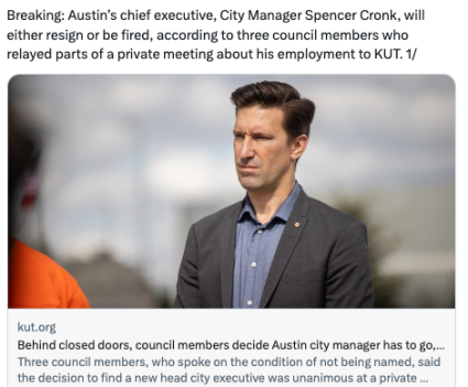 Austin’s chief executive, City Manager Spencer Cronk, shown in a Twitter post