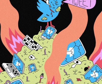 Illustration of a burning trash pile with various devices and computer components. A large blue bird is on top with a speech bubble that says, "Tweet"