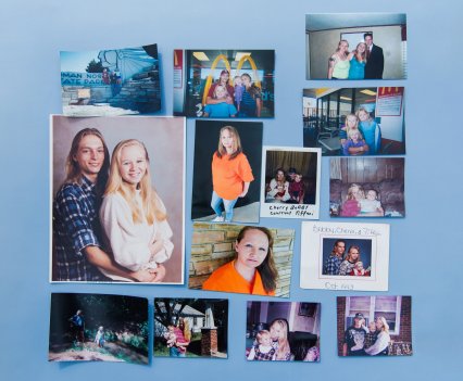 Cherie Mason, center, in orange and surrounded by family photos, pleaded guilty to manslaughter after a stillbirth in 2017. She is serving 12 years in prison. CHELSI LEBARRE FOR THE MARSHALL PROJECT