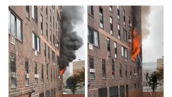 Side by side images of a tall brick building. One showing flames coming out of the 2nd floor, the other showing flames on the 3rd floor