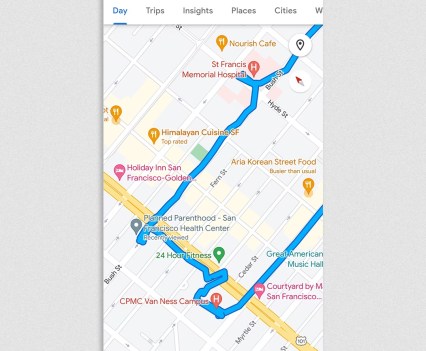 On this view of Google's location timeline on our test Android phone, Google retained data about visits to two San Francisco hospitals and a Planned Parenthood clinic. (Washington Post illustration; Google)