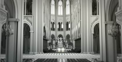 black and white 3D rendered image of the interior of the Notre Dame Chapel
