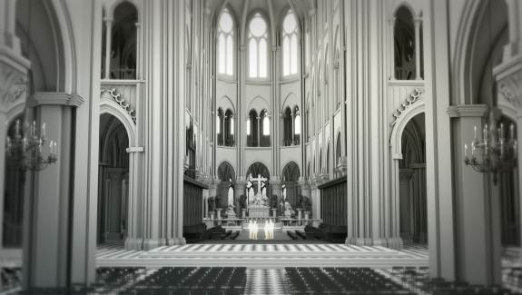 black and white 3D rendered image of the interior of the Notre Dame Chapel