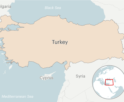 A map showing Turkey, with a highlighted section showing where Turkey is on a world map
