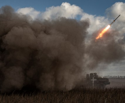 A Ukrainian artillery brigade fires a Grad multiple rocket launcher just outside the southern Ukrainian city of Mykolaiv, October 31, 2022.