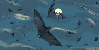 Illustration of bats flying at night in front of the moon.