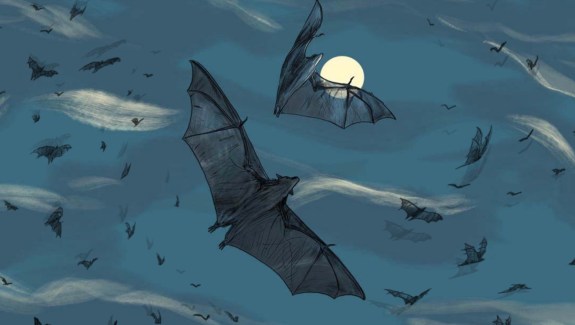 Illustration of bats flying at night in front of the moon.