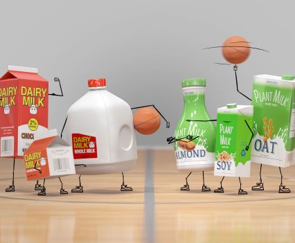 Amusing photorealistic graphic of a dairy milk basketball team versus a plant milk basketball team