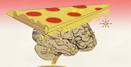 Color illustration of a brain with a piece of pepperoni pizza on top